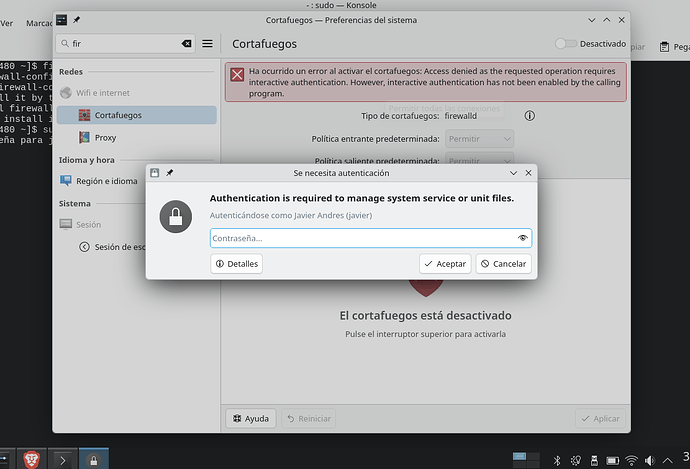 falla firewalld desde kde settings